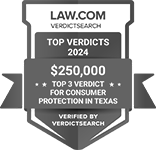 Law.com | VREDICTSEARCH | TOP VREDICTS 2024 | TOP3 VERDICT FOR CONSUMER | PROTECTION IN TEXAS | VERIFIED BY VREDICTSEARCH